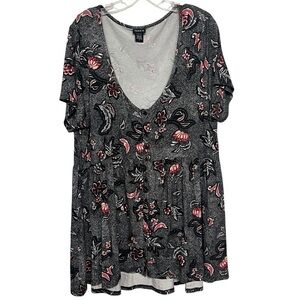 Torrid Black Pink Floral Baby Doll Button Front Hi-Low Tunic Top Short Sleeves